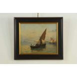 Onbekend, onduid. ges. l.o. ca. 1900, Visserschepen voor de kust van Venetié, paneel 25 x 30 cm.