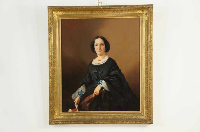 RICHARD, L., ges. en gedat. 1860 l.o., portret van chique dame in zwarte jurk, doek 65 x 55 cm.