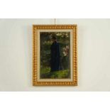 Onbekend, onges. ca. 1900, dame in tuin, paneel 41 x 27 cm. Unknown, unsigned circa 1900s, lady in