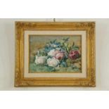 RIVOIR, FRANCOIS, ges. en gedat. 1891 l.o., Roze en witte rozen liggend in bos, aquarel 28 x 39