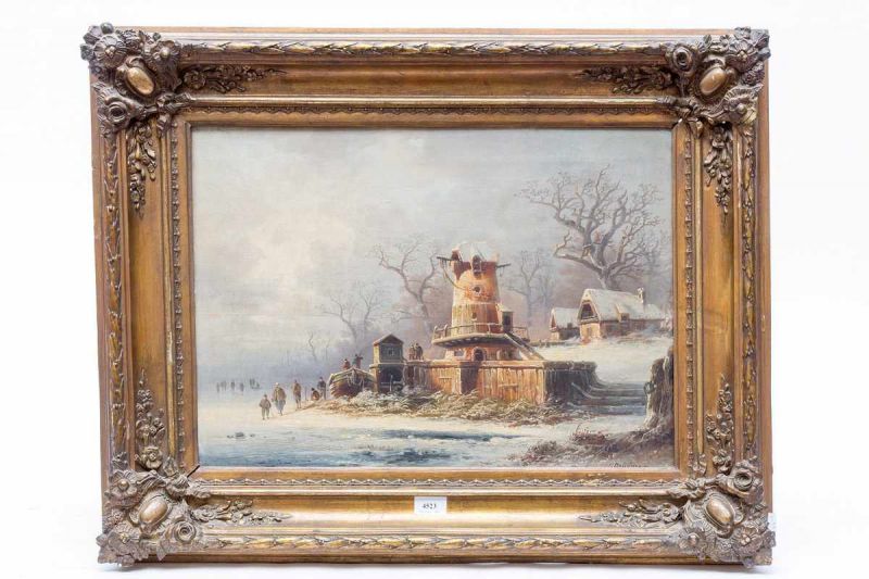 Cölestin Brügner (1824-1887) Winterlandschap met figuren op een bevroren rivier doek, gesign. r.o, - Image 2 of 5