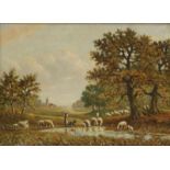 Hollandse school, 20e eeuw Herderin met schapen bij een meertje doek, 45 x 60 cm.