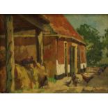 Anna Lehmann (1876-1956) Kippen bij een boerderij doek, gesign. r.o., 25 x 32 cm.