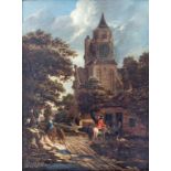 Michel van Vries (act. 1656-1702) Figuren en paarden bij een kerktoren paneel, gesign. l.o., 63,5