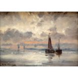 Hendrik Willem Mesdag (1831-1915) Schepen op zee bij zonsondergang paneel, gesign. l.o., 1,5 x 17