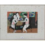 China, twee schilderingen, gouaches, 20e eeuw Interieur met vrouwen aan tafel met een Go spel/bij