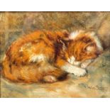 Alice Ronner (1857-1957) Slapende poes olieverf op papier op board, gesign. r.o., 25 x 30 cm.