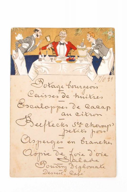 Menukaart diner 7 augustus 1899 met op achterzijde door M.H. Zelle geschreven tekst: 'In de liefde - Image 3 of 3