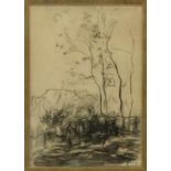 Willem Maris (1844-1910) Studietekening met koe bij bomen. Herkomst: Maris Tentoonstelling, Arti