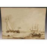 Jacob Willem Gruyter (1856-1908) Schepen voor de kust sepia, verso gesign., niet ingelijst, 1866, 28