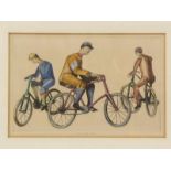 Herman Berserik (1921-2002) Drie figuren op fietsen ets, handgekleurd, gesign. m.o., 1969, 19 x 30