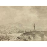 Hollandse school, 18e eeuw Italianiserend landschap met figuren op een brug gewassen inkttekening,