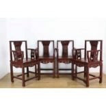 China, set van vier rood gelakte hardhouten fauteuils, 19e eeuw, met gestoken motieven in