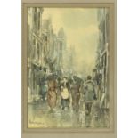 Naar Arntzenius Straat met winkelende figuren aquarel