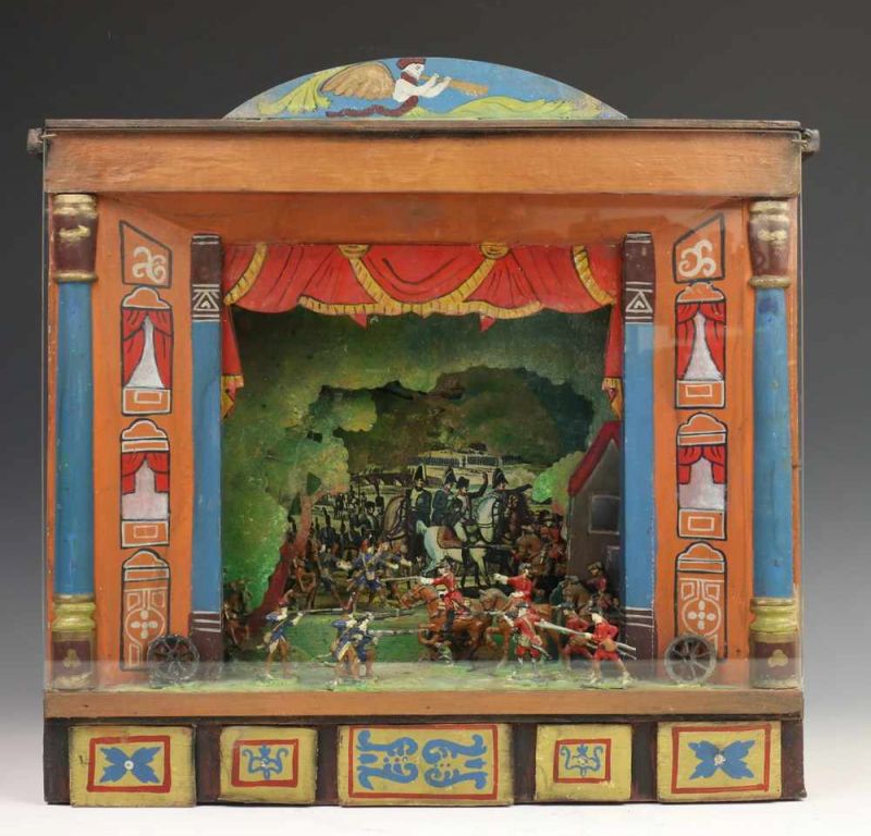 Tinnen soldaatjes in diorama, met slag van Vergina op achtergrond h. 40 cm. - Image 2 of 3