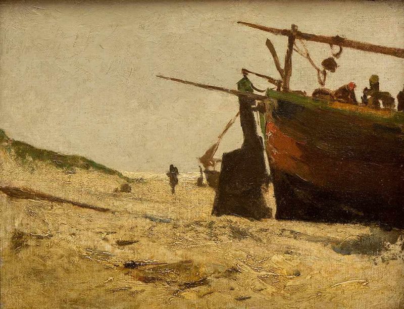 Carel Frederik Louis de Wilde (1870-1922) Vissersboot op het strand maroufle, ongesign., 27,5 x 35,5