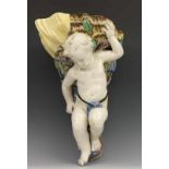 Florance, Cantagalli, polychroom majolica console in vorm van putto met schelp (restauraties) l.