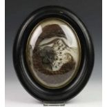 Frankrijk, haarwerkje met fraai gevlochten haarstreng, 19e eeuw, achter bol glas. Op achterzijde