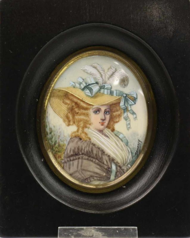 Ovale miniatuur op ivoor, eind 19e eeuw; Dame met hoed