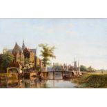 Kasparus Karssen (1810-1896) Gezicht op een stad aan het water doek, gesign. l.o., 55 x 80 cm.