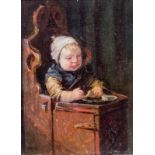 David Adolf Constant Artz (1837-1890) Peuter in een kinderstoel paneel, gesign. l.o., 22 x 16 cm.