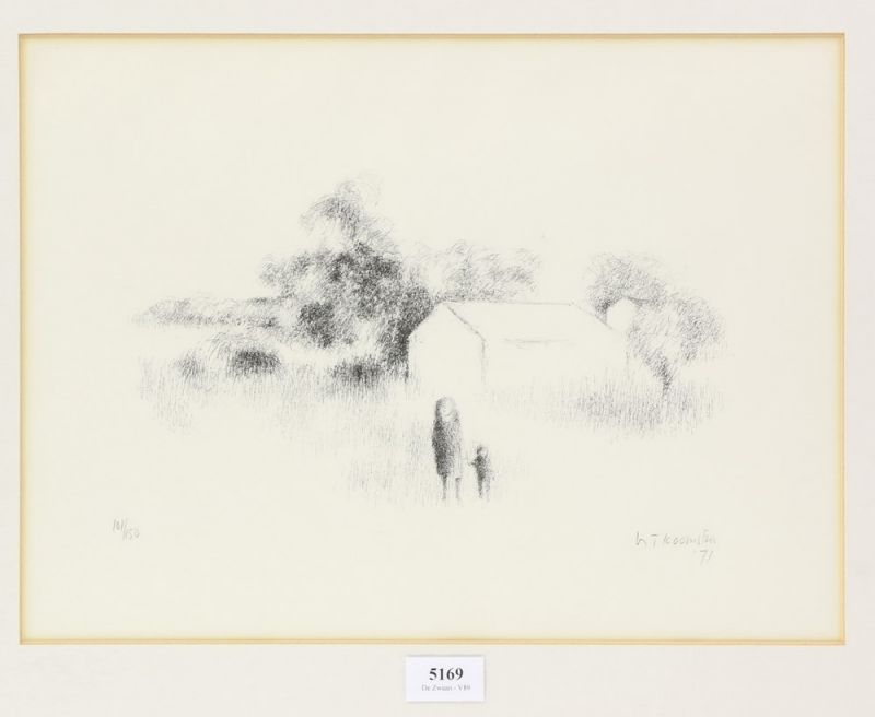 Metten Koornstra (1912-1978) Figuren bij huis in landschap litho, gesign. r.o., '71, 30 x 39 cm.