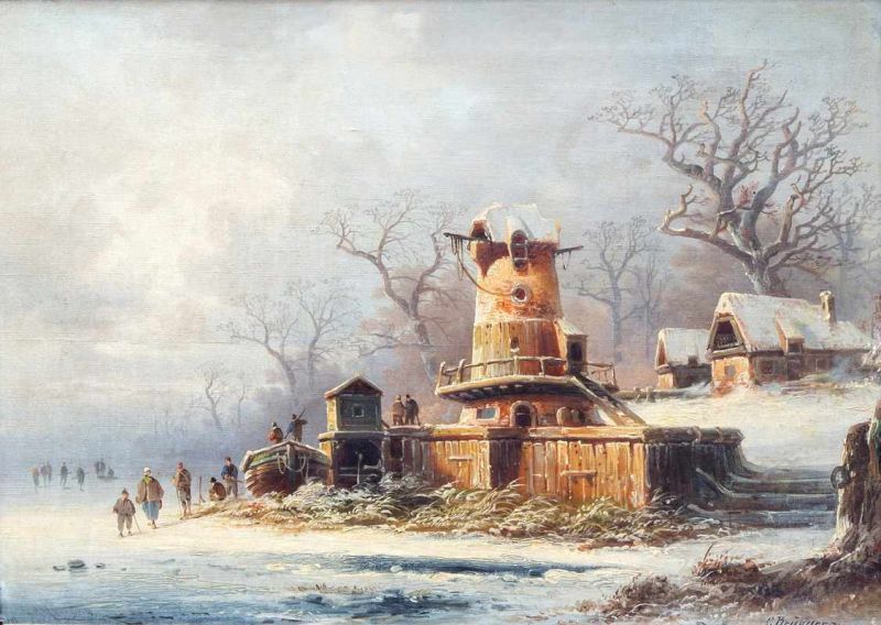 Cölestin Brügner (1824-1887) Winterlandschap met figuren op een bevroren rivier doek, gesign. r.o,