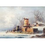 Cölestin Brügner (1824-1887) Winterlandschap met figuren op een bevroren rivier doek, gesign. r.o,