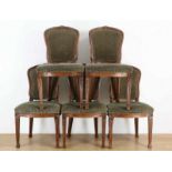 Set van vijf mahoniehouten stoelen, Louis XVI, met gestoken rozetten en guirlandes en groene velours