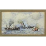 Cornelis Koppenol (1865-1946) Schepen in de haven aquarel, onduidelijk gesign. l.o., 13 x 24,5 cm.