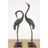 Paar kapitale bronzen sculpturen; Kraanvogels, op houten voet h. 165 en 133 cm. Herkomst: van een