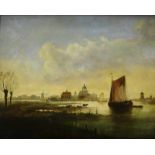 Toegeschreven aan Jacob Jan Cremer (1827-1880) Gezicht op een rivier bij een stad paneel, gesign.