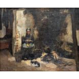 Carolus Thijssen (1867-1917) Boereninterieur met vrouw en poes doek, gesign. l.o., 45 x 55 cm.