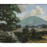 H. v. Amerongen (20e eeuw) Indonesisch landschap met rijstvelden doek, 30 x 40 cm.