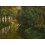 Simon de Heer (1885-1970) Slootje tussen bomen marouflé, gesign. r.o., 1924, 30 x 40 cm.