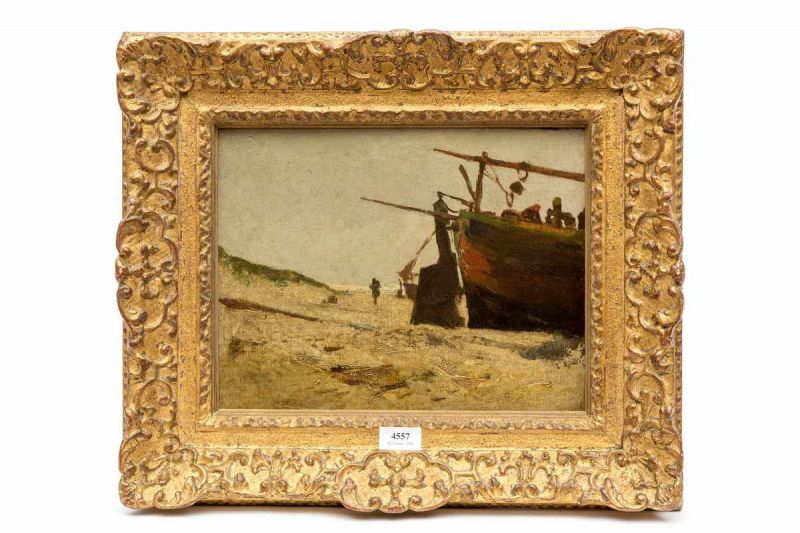 Carel Frederik Louis de Wilde (1870-1922) Vissersboot op het strand maroufle, ongesign., 27,5 x 35,5 - Bild 3 aus 3