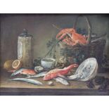 Onbekend, 18e eeuw Stilleven met vis en kreeft op een tafel doek, 34 x 45 cm.