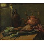 Anna Lehmann (1876-1956) Stilleven met kruik en koperen ketel doek, gesign. l.o., 31 x 38 cm.
