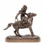 Evgeni Lanceray (1848-1886), bronzen sculptuur, 19e eeuw; Bashkir te paard. Gesigneerd h. 23 cm.