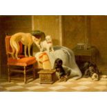 Bernard te Gempt (1826-1879) Honden in een interieur paneel, gesign. r.o., 1862, 25 x 39 cm.