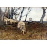 Herman Johannes van der Weele (1852-1930) Schapen tussen bomen maroufle, gesign. r.o., 24 x 35 cm.