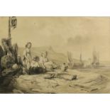 A. Boll (19e eeuw) Kinderen op het strand inkttekening, 1873, 25 x 35 cm.