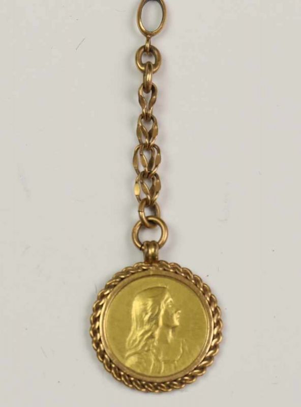 Gouden munthanger, Art-Nouveau. Voorzijde met een dame 'en profil', achterzijde met