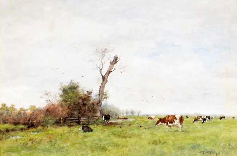 Adrianus Johannes Groenewegen (1874-1963) Koeien in een wei. Tentoonstelling: De koe in zicht en
