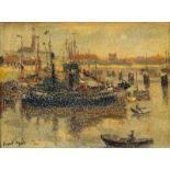 Evert Moll (1878-1955) Haven van Scheveningen maroufle, gesign. l.o., 15,5 x 20,5 cm.