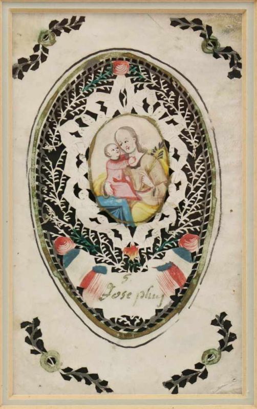 Vier religieuze knipsels met aquarel, 19e eeuw; Heiligen. Herkomst: Pastor van Deuningen 11,5 x 6, - Bild 4 aus 5