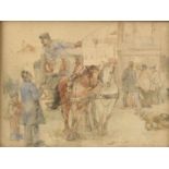 Adrianus La Riviere (1875-1941) Stadsgezicht met koetsier en figuren op een plein pastel, gesign.