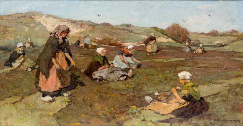 Johannes Akkeringa (1861-1942) Nettenboetsters in de duinen van Scheveningen paneel, gesign. r.o.,