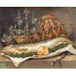 Arsene Symphorien Sauvage (19e eeuw) Stilleven met zalm en kreeft marouflé, gesign. l.o., 37,5 x