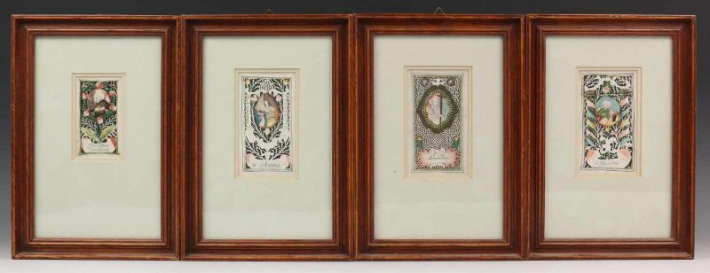 Vier religieuze knipsels met aquarel, 19e eeuw; Heiligen. Herkomst: Pastor van Deuningen 11,5 x 6,